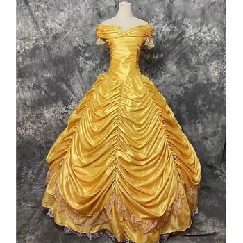 Роскошный костюм принцессы Белль для косплея, желтое корсетное платье для взрослых женщин, нарядные платья для вечеринок на Хэллоуин