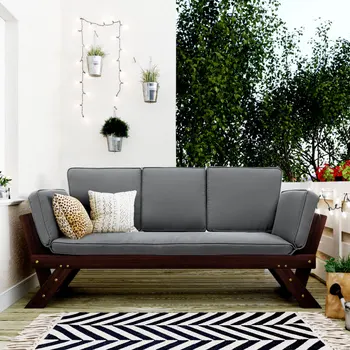 Наружный регулируемый внутренний дворик, деревянная кушетка, диван-шезлонг с подушками для небольших мест, коричневая отделка + серая подушка