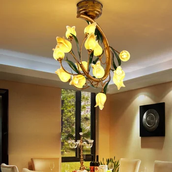 Люстры светодиодные лампы Nordic Iron Glass Tulip Потолочное освещение Фойе Спальня Столовая Стиль оформления Подвесной светильник