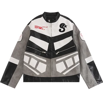 Новый Ретро гоночный мотоцикл, американская куртка из искусственной кожи оверсайз, Мужская Женская куртка в стиле хип-хоп Y2K, свободные бейсбольные куртки-бомберы унисекс