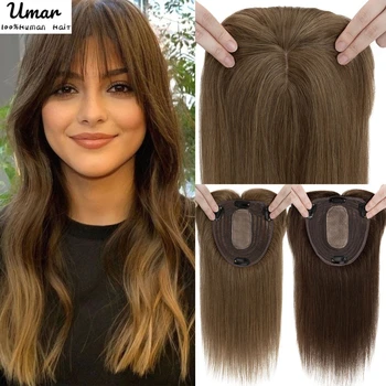 Топпер для волос с челкой Для женщин, парики из 100% человеческих волос, заколки для волос, светлые Натуральные прямые волосы, Топпер для волос, Шелковая основа 35 см