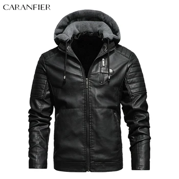 CARANFIER Мужская кожаная куртка с капюшоном, мотоциклетная одежда из искусственной кожи, мужская ретро мода, косая молния, осень-зима, пальто из искусственной жакеты