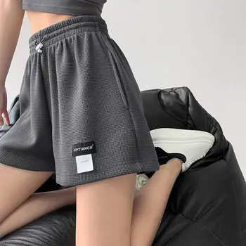 В наличии 2023 Новые Корейские спортивные шорты с вафлями, женские шорты с высокой талией и завязками, Тонкие, свободные, расслабленные, прямые, широкие