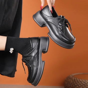 Черные Женские туфли-лодочки На массивной платформе; Коллекция 2023 года; Осенние Оксфордские туфли на толстой подошве Со шнуровкой; Женская Удобная Школьная форма Размера Плюс 42; Обувь