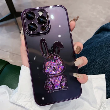Чехол Cute Rabbit Quicksand Glitter Case для iPhone 14 Pro Max 13 12 11 с прозрачной пленкой для камеры Bear