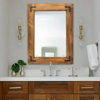 Настенное зеркало в деревянной раме, декоративное настенное зеркало из дерева для туалетного столика в гостиной или ванной, Прямоугольное зеркало для ванной в фермерском доме Han