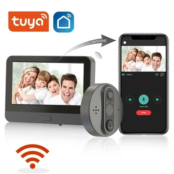 Tuya Smart 1080P WiFi Видео Дверной звонок Камера-глазок Цифровой просмотрщик 5000 мАч Аудио PIR Обнаружение движения HD Инфракрасный Alexa Google