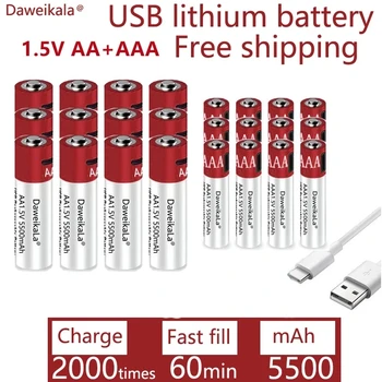 AA + AAA 2021, новый литий-ионный аккумулятор большой емкости 5500 мАч, литий-ионный аккумулятор AA 1.5 V USB для быстрой зарядки