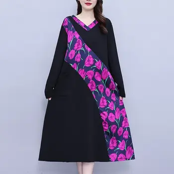 Женская одежда 2023, новая повседневная корейская мода, пэчворк с принтом, однотонные пуловеры с длинными рукавами и V-образным вырезом, свободные карманы, платья