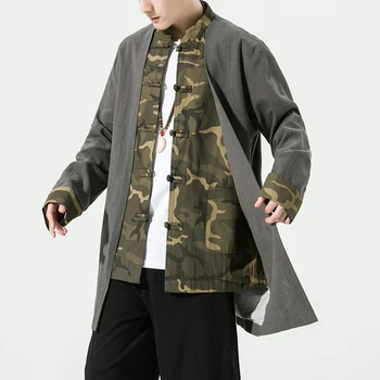 Китайский стиль, Мужской Ретро Льняной тренч средней длины, мужская Весенне-осенняя повседневная куртка, мужской костюм Тан, Hanfu, Поддельные Две куртки