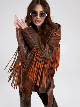 RR2760 Кожаная куртка для бойфренда большого размера с кисточками, уличная одежда, свободные зимние осенние куртки из искусственной кожи, женские Traf Zaba
