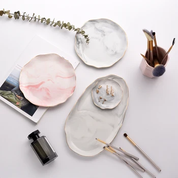 Украшение рабочего стола Nordic Home Мраморная полоса, керамическая десертная тарелка Lotus, Фарфоровая безделушка для хранения, кольцо, тарелка для сережек