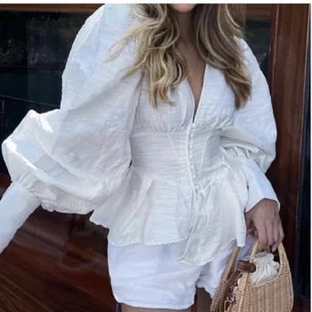 2023 Блузки в стиле Traf Store, белая блузка на пуговицах, женская блузка в корсетном стиле с V-образным вырезом, официальный магазин traf store 2024