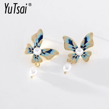 YUTSAI Fashion Имитация жемчуга, Розовые серьги-бабочки, Винтажные роскошные синие серьги-насекомые для женщин, ювелирные изделия, подарки YT1315