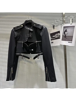 Хай-СТРИТ, новейшая мода 2023, дизайнерская куртка, Женский кожаный плечевой ремень на молнии, наплечная накладка, мотоциклетная короткая куртка