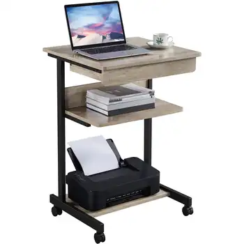 Компьютерный стол SmileMart на колесиках с 2 полками и выдвижным ящиком, серый в деревенском стиле