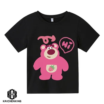 2023 Новая хлопковая детская футболка с клубничным мишкой, милый топ с коротким рукавом для мальчиков и девочек, летняя спортивная модная футболка