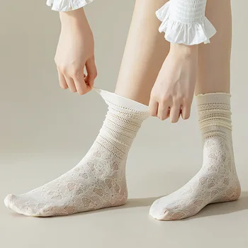 Женские летние тонкие носки с набивным рисунком, французская винтажная полая сетка, простые однотонные универсальные носки средней длины, вязаные на основе основы