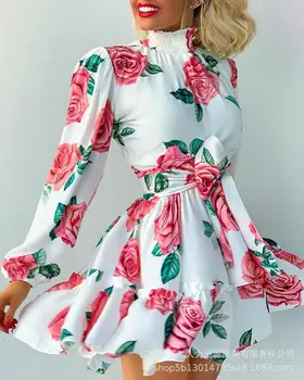 Женское летнее весеннее мини-платье с высокой талией и цветочным поясом, с длинным рукавом и оборками, сексуальное платье
