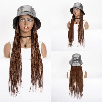Продается Длинный коричневый плетеный синтетический парик WIGERA с бейсбольной кепкой в коробке, плетение косичек, наращивание волос с широкополой шляпой для женщин