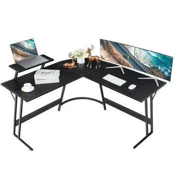 Компьютерный стол Угловой письменный стол для домашнего офиса, прочное рабочее место с подвижным столиком, черный