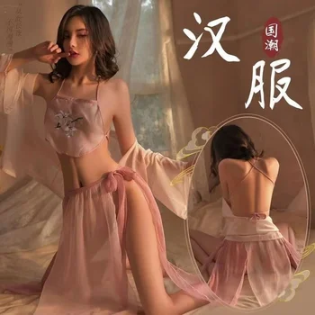 Новая древняя одежда костюм большого размера Хань, костюм для соблазнения, ночная рубашка, женская сексуальная униформа с древним карманом на животе, Шифон, прозрачный