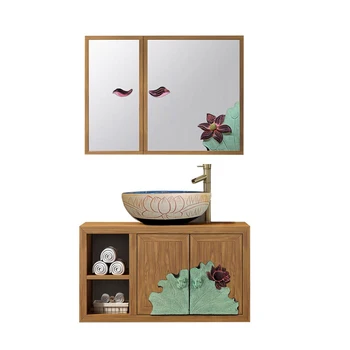 Шкаф для ванной комнаты из массива дерева в китайском античном стиле, зеркальный шкаф для ванной комнаты, комбинированный настенный костюм для ванной комнаты