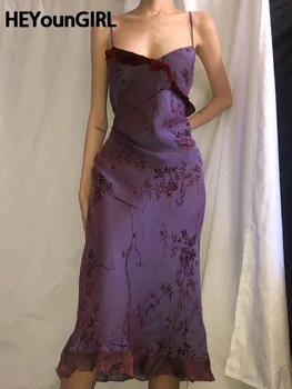 Длинное платье с фиолетовым принтом Y2K, женское Летнее сетчатое двухслойное платье на бретелях, Элегантные вечерние платья без рукавов, винтаж 2000-х годов