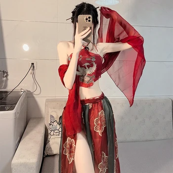 Китайский Красный Сексуальный фартук Hanfu Женское белье Pure Desire, юбка на подтяжках, униформа, Горячая пижама-искушение, Пижамный комплект с бандажной юбкой