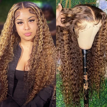 Бесклеевой парик с подсветкой HD 13X4, человеческие волосы, вьющиеся, коричневого цвета, Кружевные передние парики из человеческих волос для женщин, парик с глубокой волной, кружевной фронтальный парик