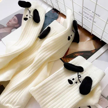 1 пара носков Kawaii 3D Eared Puppy Dog для женщин и мужчин, Хлопковые носки средней длины, милые забавные носки в японском стиле Harajuku, Белые носки в пол