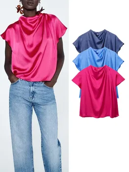 TRAF/ Новые летние женские блузки с однотонными складками, винтажные повседневные топы без рукавов с круглым вырезом, простые тонкие рубашки на каждый день, Три цвета