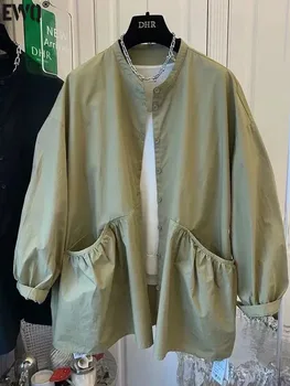[EWQ] Плиссированная рубашка с двойным карманом, Женская Свободная Повседневная Однобортная блузка с длинным рукавом 2023, Осенний Новый женский топ Tide 16U1110