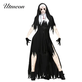 Костюмы на Хэллоуин для женщин, Страшная монахиня, Костюмы вампиров для косплея, Платье на Хэллоуин, Черный костюм призрака