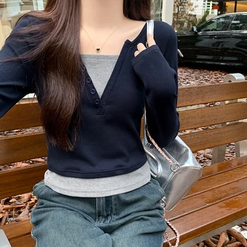 Женская поддельная футболка из двух предметов контрастного цвета с длинным рукавом, весна-осень, новый уличный женский винтажный шикарный повседневный короткий пуловер