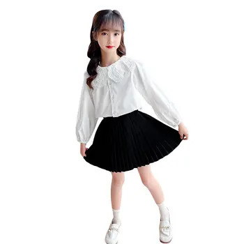 Детский костюм для девочек, Милая рубашка с кружевным воротником и черная плиссированная юбка, Школьные Комплекты детской одежды из двух предметов на весну и осень, Горячая распродажа