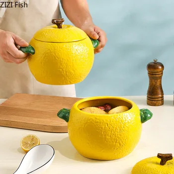 Креативная Керамическая чаша с Лимоном Бытовая Большая Кастрюля для супа с двойным ухом Кухонная Декоративная Посуда Миска для супа большой емкости Миска для Рамена