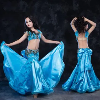 Новое поступление детских индийских костюмов для танца живота, комплект из 2 предметов (топы + юбка) Сексуальные роскошные детские платья для танцев в Болливуде для девочек