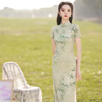 Элегантное платье Чонсам с принтом Зеленых Листьев, Женское платье в национальном стиле, Старое Шанхайское Банкетное платье Qipao Vestidos Chinos