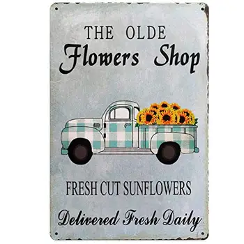 старый цветочный магазин, грузовик с подсолнухом, винтажная жестяная вывеска бара, сельский декор для гостиной, украшения спальни 8X12