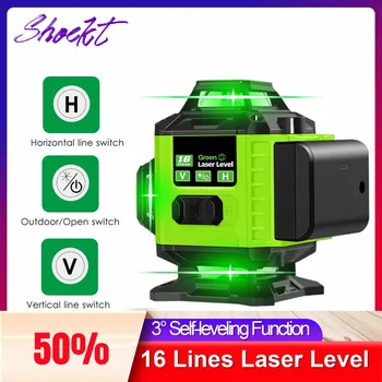 Лазерный уровень с 16 линиями, самонивелирующийся на 360 градусов по горизонтали и вертикали, сверхмощный лазерный уровень с зеленой линией, луч лазерных уровней