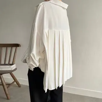 Шифоновые плиссированные свободные однотонные женские рубашки Лето 2023, Элегантная женская верхняя одежда с отложным воротником и длинными рукавами, топы