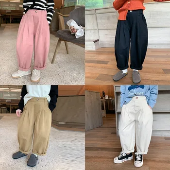 Корейские повседневные брюки для девочек и мальчиков, хлопковые Модные Весенне-осенние Детские однотонные брюки, длинные повседневные свободные брюки от 1 до 10 лет