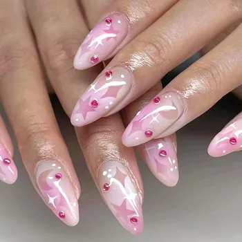 24 шт. / компл. Розовые накладные ногти в стиле принцессы Градиентного цвета, накладные ногти из сладкого миндаля, пригодные для носки, с дизайнерским рисунком Маникюра