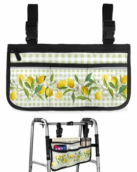 Сумка для инвалидной коляски в лимонно-зеленую клетку с карманами, светоотражающими полосками, подлокотниками, боковыми сумками, рамой для ходьбы от электрического скутера, сумкой для хранения