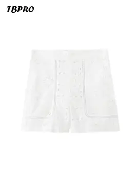 Белые Цветочные Открытые шорты с высокой талией, Однотонные Шикарные женские Свободные короткие брюки с вышивкой, женская Летняя повседневная уличная одежда