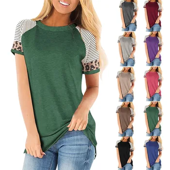 Популярная летняя женская футболка с круглым вырезом и леопардовым узором в полоску 2023 года, повседневная футболка с коротким рукавом, топ для женщин