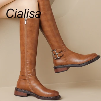 Cialisa/ женские длинные сапоги; сезон осень-зима; Модные женские сапоги до колена с пряжкой на ремне; Женские ботинки из натуральной кожи на среднем каблуке коричневого цвета