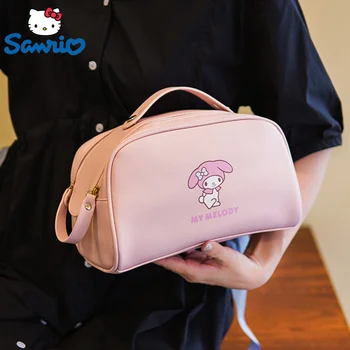 Sanrio Hello Kitty Kuromi Melody Водонепроницаемая Портативная Косметичка На Двойной Молнии Из Искусственной Кожи С Принтом Переносная Дорожная Сумка Для Хранения