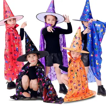 Костюм на Хэллоуин Накидка со шляпой для детей Мальчиков девочек Ведьма Косплей Вечеринка Детское Платье на Хэллоуин Одежда